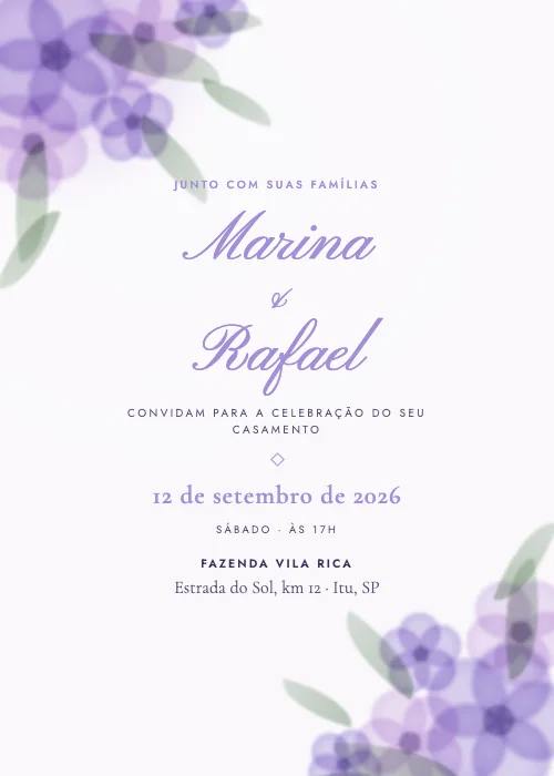 Convite de casamento Jardim em Aquarela Lavanda, estilo em aquarela