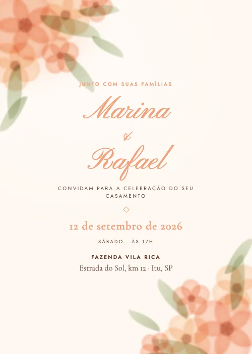Convite de casamento Jardim em Aquarela Pêssego, estilo em aquarela