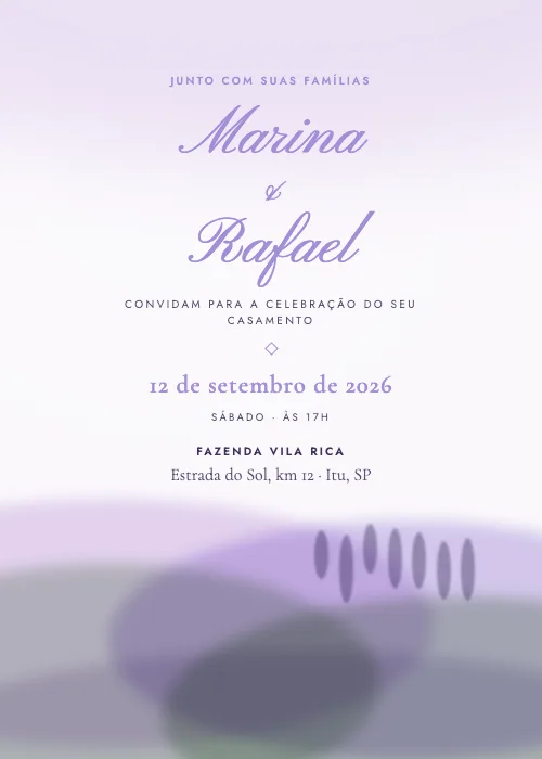 Convite de casamento Paisagem em Aquarela Lavanda, estilo em aquarela