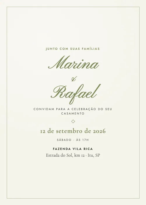 Convite de casamento Caligrafia Oliva, estilo romântico