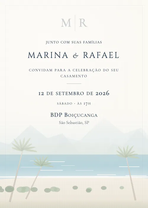 Convite de casamento em aquarela BDP Boiçucanga, São Sebastião