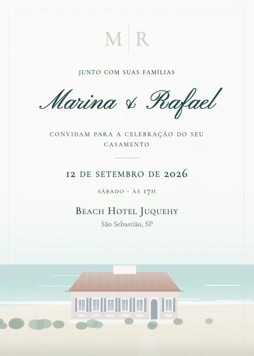 Convite de casamento em aquarela Beach Hotel Juquehy, São Sebastião