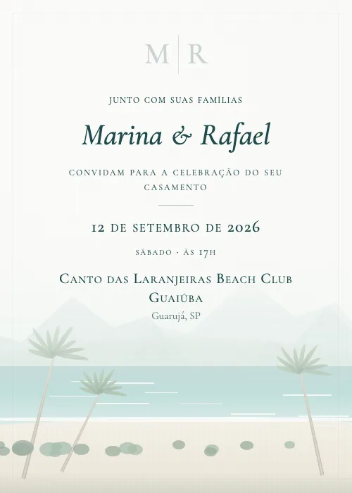 Convite de casamento em aquarela Canto das Laranjeiras Beach Club Guaiúba, Guarujá