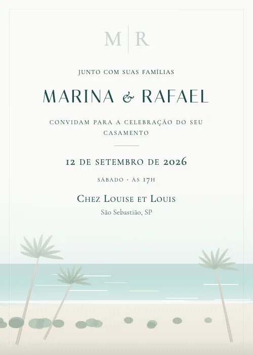 Convite de casamento em aquarela Chez Louise et Louis, São Sebastião