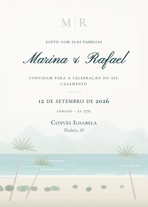 Convite de casamento em aquarela Convés Ilhabela, Ilhabela