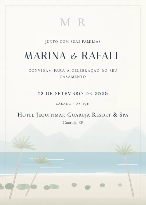 Convite de casamento em aquarela Hotel Jequitimar Guarujá Resort & Spa, Guarujá