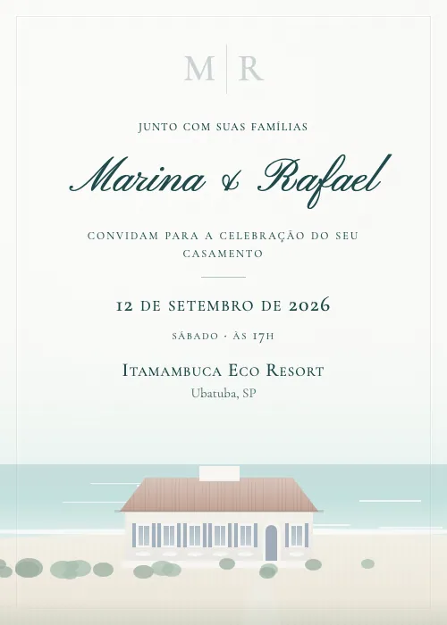 Convite de casamento em aquarela Itamambuca Eco Resort, Ubatuba
