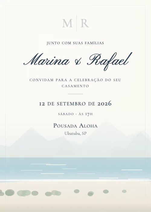 Convite de casamento em aquarela Pousada Aloha, Ubatuba