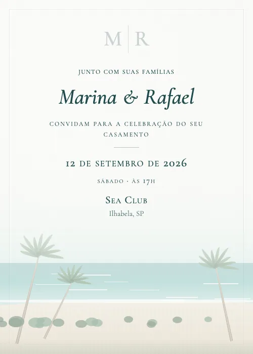 Convite de casamento em aquarela Sea Club, Ilhabela