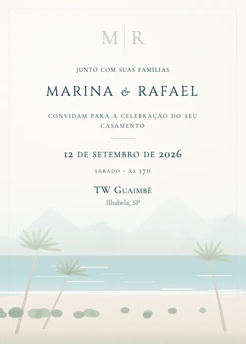 Convite de casamento em aquarela TW Guaimbê, Ilhabela