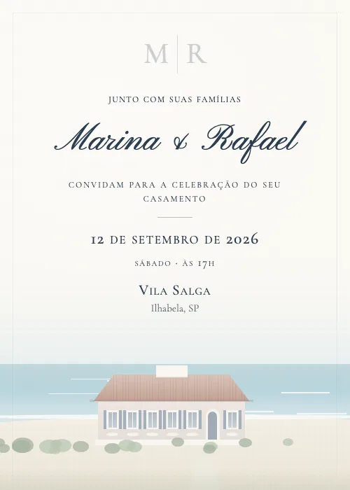 Convite de casamento em aquarela Vila Salga, Ilhabela