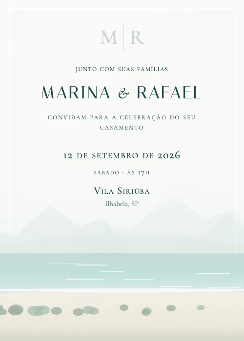 Convite de casamento em aquarela Vila Siriúba, Ilhabela