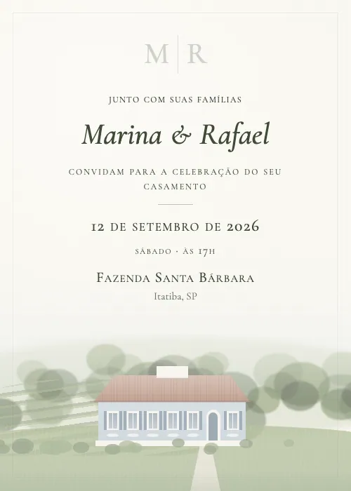 Convite de casamento em aquarela Fazenda Santa Bárbara, Itatiba
