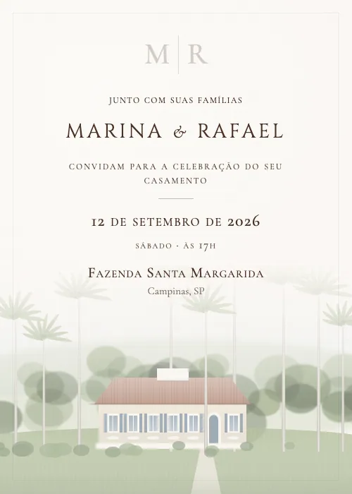 Convite de casamento em aquarela Fazenda Santa Margarida, Campinas