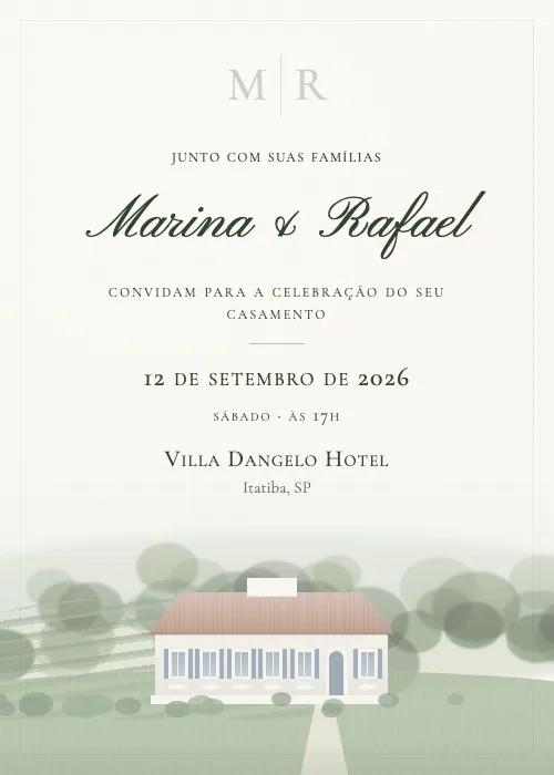 Convite de casamento em aquarela Villa Dangelo Hotel, Itatiba