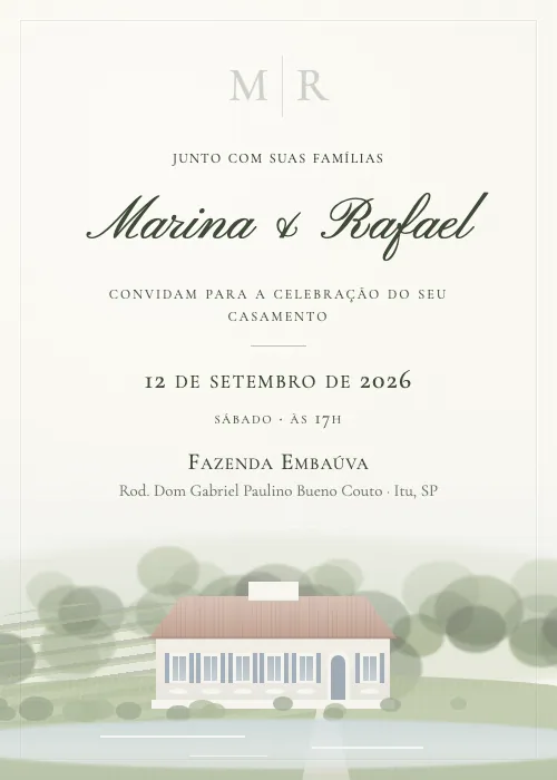 Convite de casamento em aquarela Fazenda Embaúva, Itu