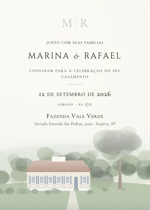 Convite de casamento em aquarela Fazenda Vale Verde, Itupeva
