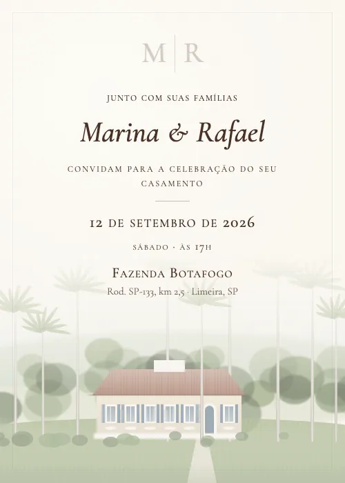 Convite de casamento em aquarela Fazenda Botafogo, Limeira