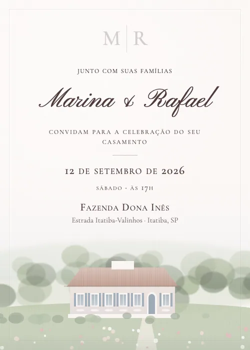 Convite de casamento em aquarela Fazenda Dona Inês, Itatiba