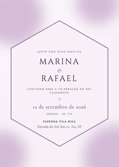 Convite de casamento Hexágono Floral Lilás, estilo romântico