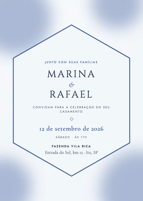 Convite de casamento Hexágono Floral Azul Porcelana, estilo romântico