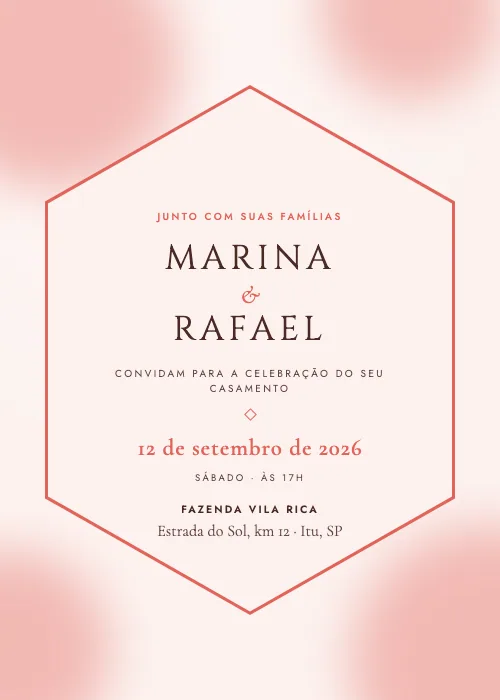 Convite de casamento Hexágono Floral Coral, estilo romântico