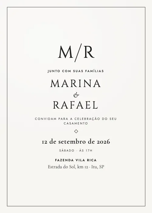 Convite de casamento Monograma Preto, estilo minimalista