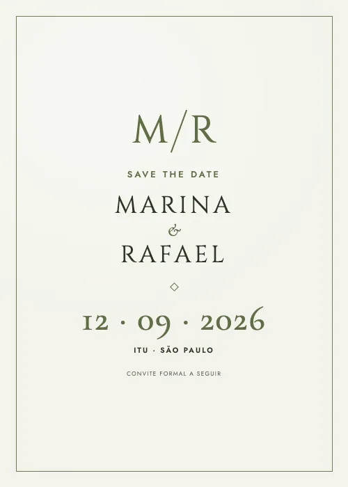 Save the date Monograma Musgo, estilo minimalista