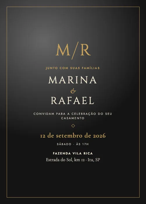 Convite de casamento Monograma Dourado Ouro e preto, estilo de luxo