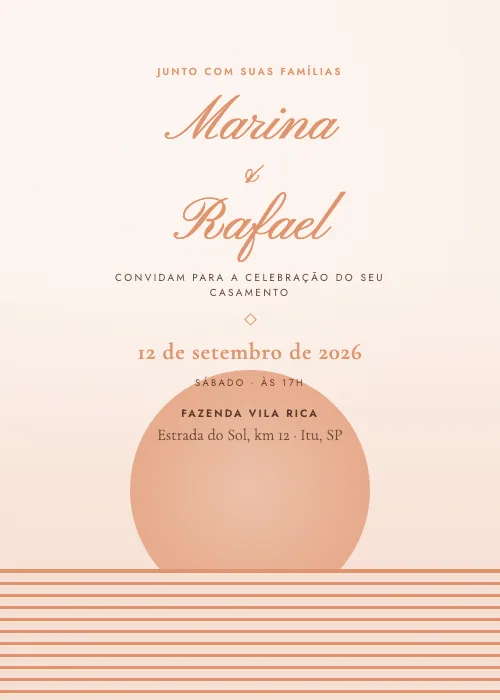 Convite de casamento Pôr do Sol Pêssego, estilo moderno