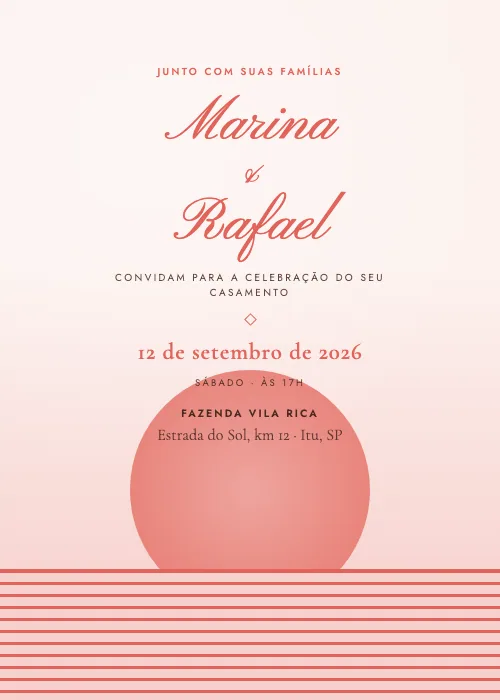 Convite de casamento Pôr do Sol Coral, estilo moderno