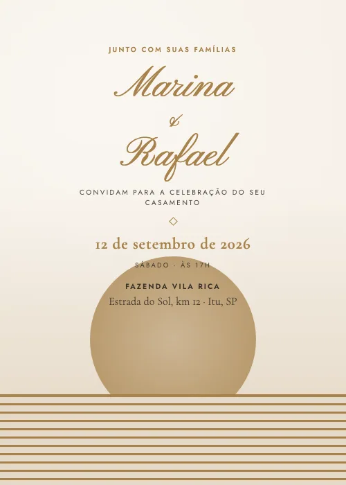 Convite de casamento Pôr do Sol Marfim e Ouro, estilo moderno
