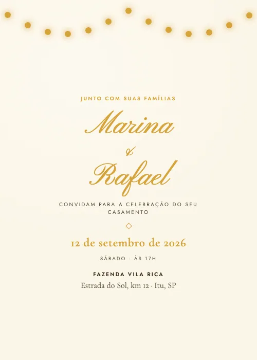 Convite de casamento Varal de Luzes Girassol, estilo romântico