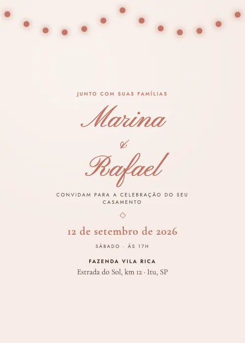 Convite de casamento Varal de Luzes Rústico, estilo romântico